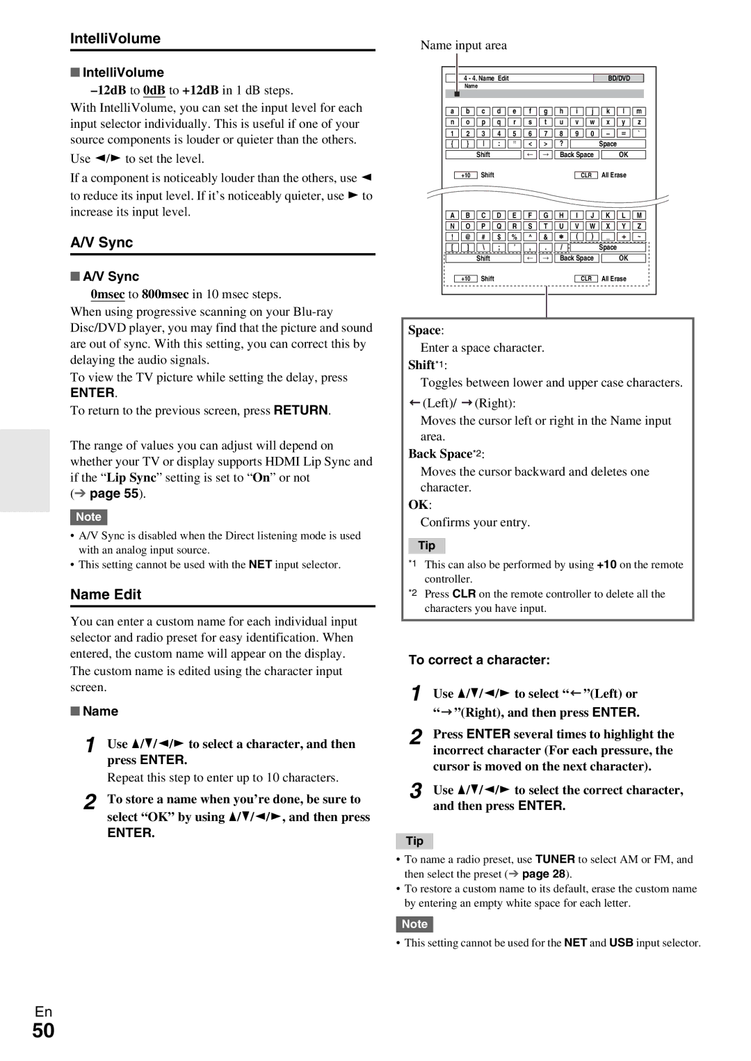 Onkyo HT-R990 instruction manual IntelliVolume, Sync, Name Edit 