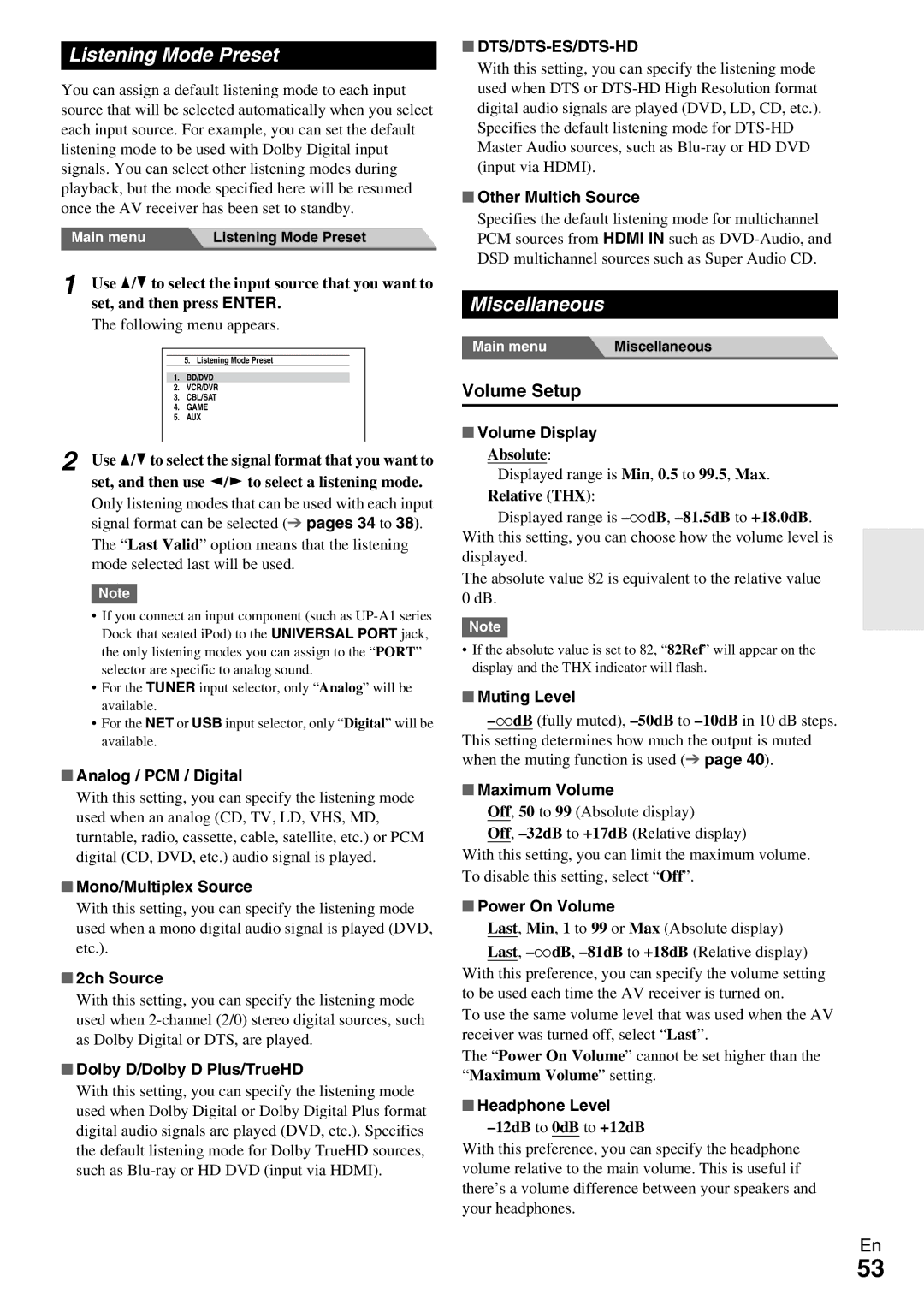 Onkyo HT-R990 instruction manual Listening Mode Preset, Miscellaneous, Volume Setup, Dts/Dts-Es/Dts-Hd 