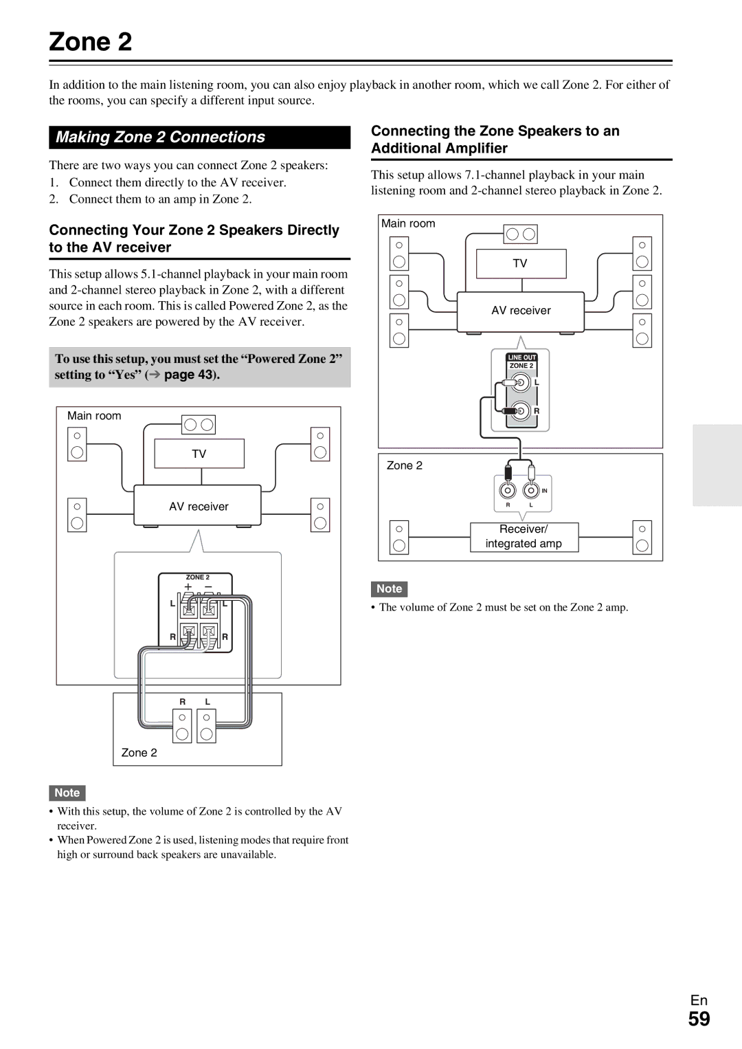 Onkyo HT-R990 Making Zone 2 Connections, Connecting Your Zone 2 Speakers Directly to the AV receiver, Main room 