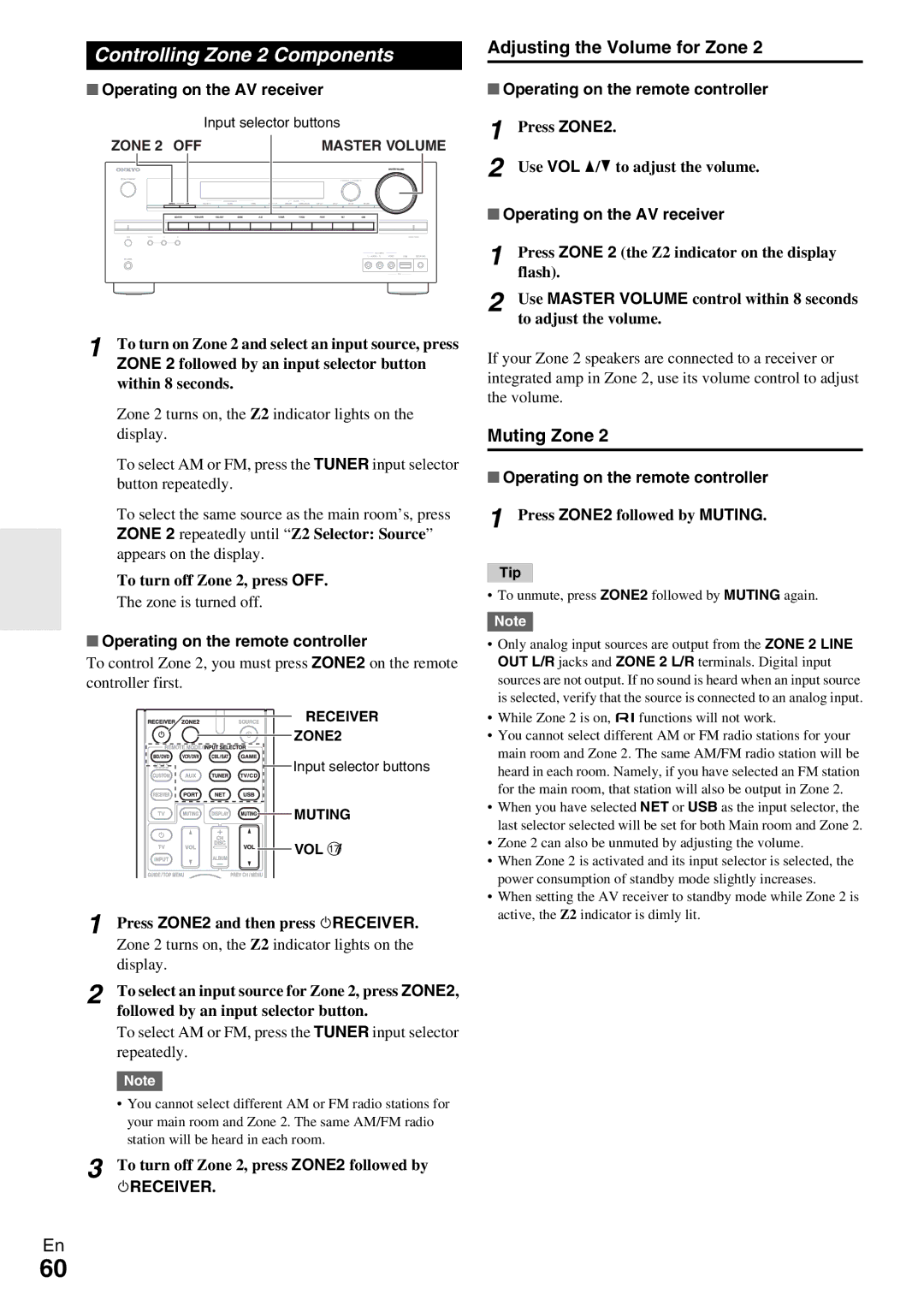 Onkyo HT-R990 instruction manual Controlling Zone 2 Components, Adjusting the Volume for Zone, Muting Zone 