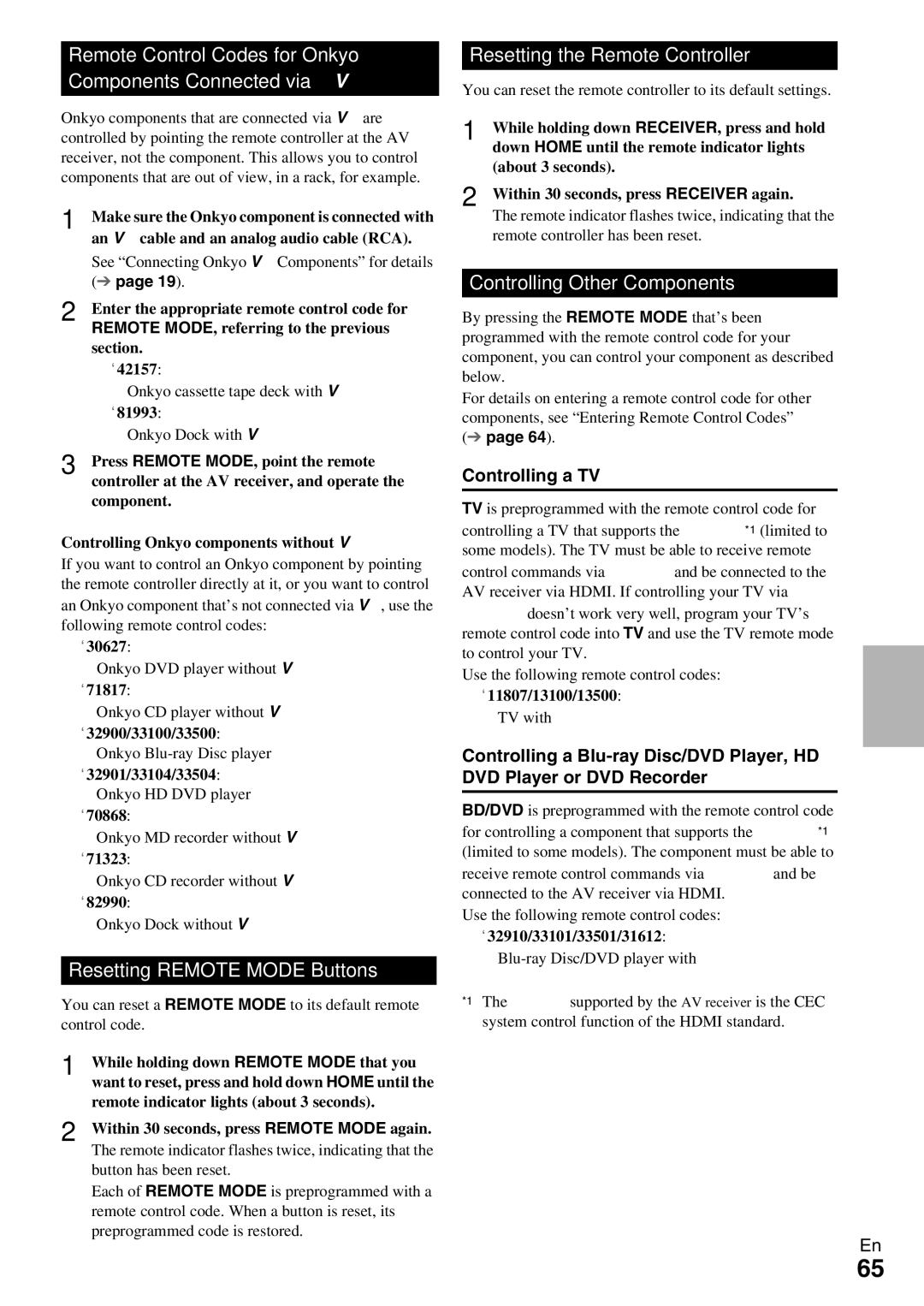 Onkyo HT-R990 Remote Control Codes for Onkyo Components Connected via u, Resetting Remote Mode Buttons, Controlling a TV 