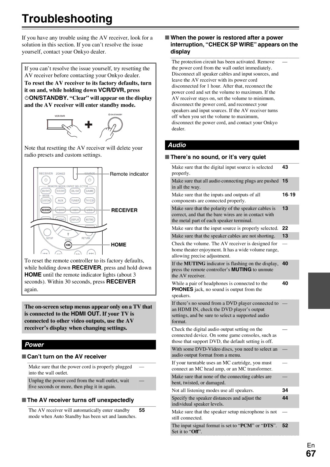 Onkyo HT-R990 instruction manual Troubleshooting, Power, Audio 