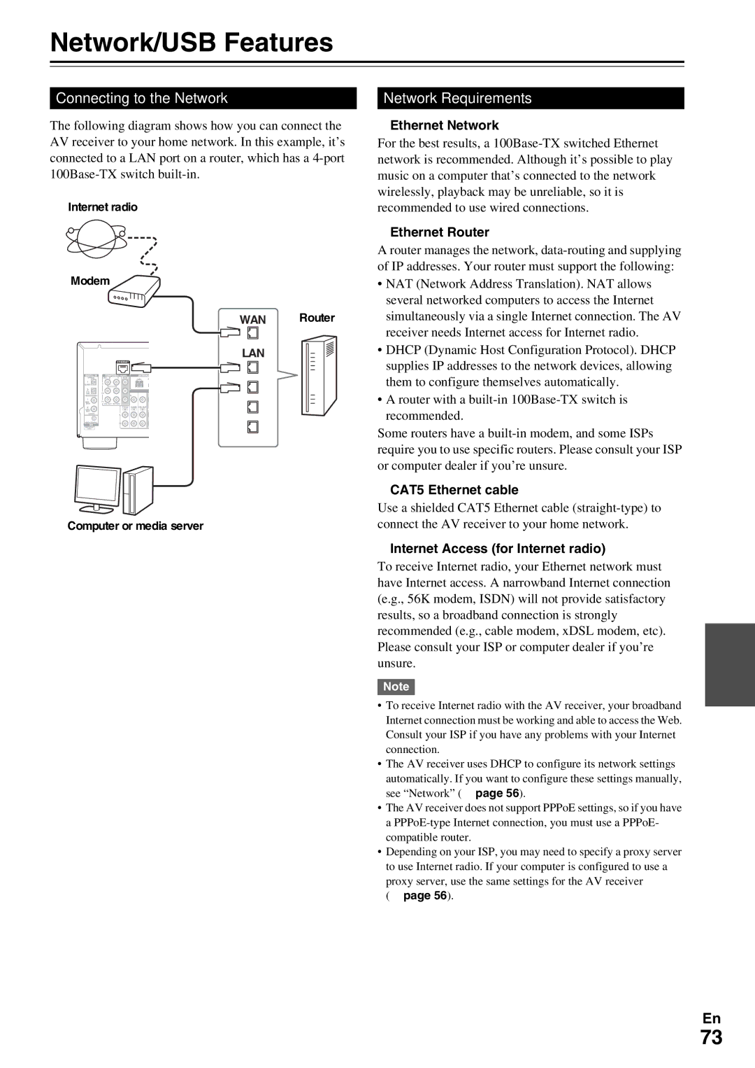 Onkyo HT-R990 instruction manual Network/USB Features, Connecting to the Network, Network Requirements 