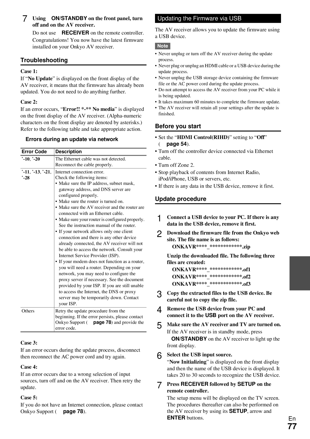 Onkyo HT-R990 instruction manual Troubleshooting, Updating the Firmware via USB, Case, Errors during an update via network 