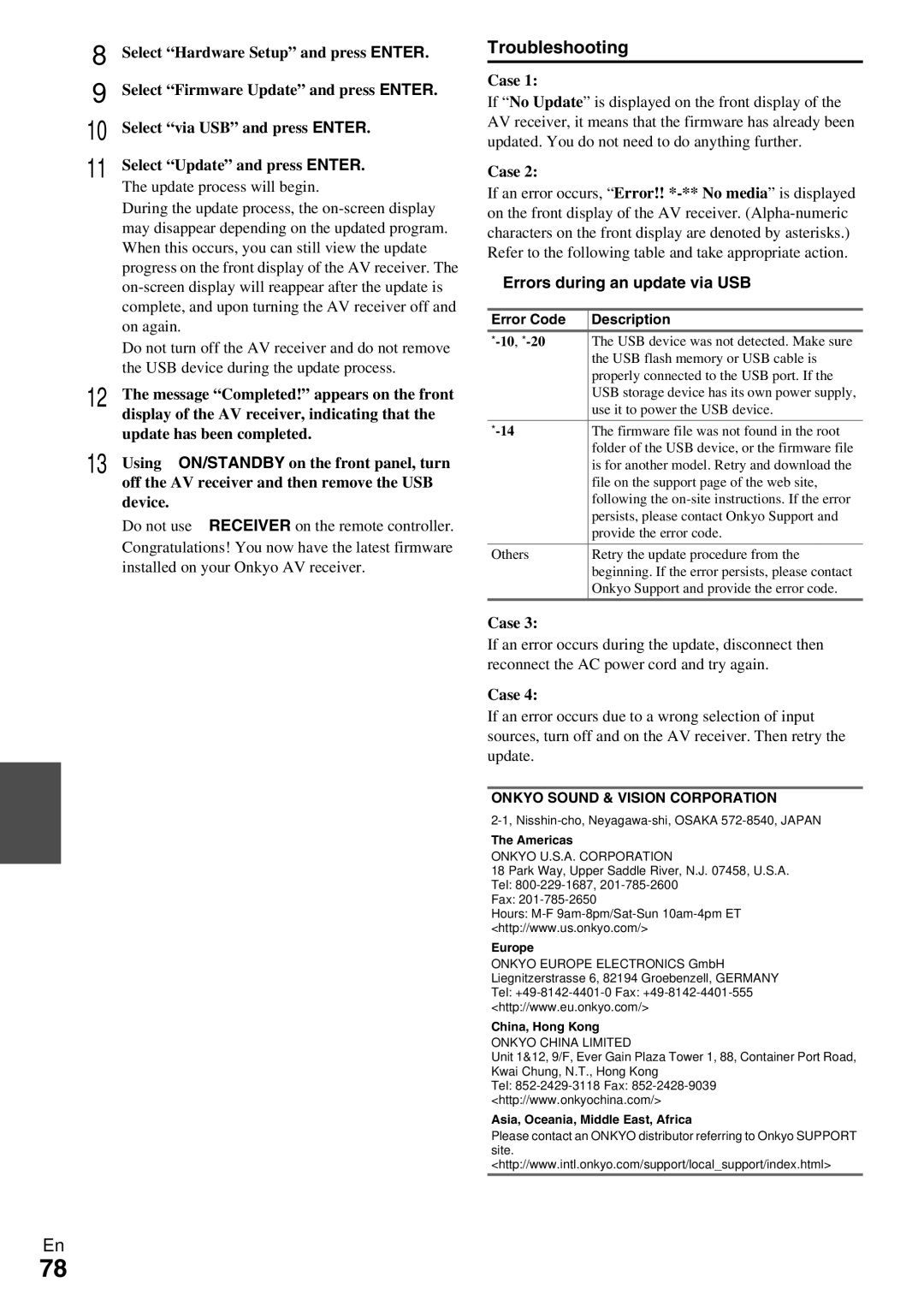 Onkyo HT-R990 instruction manual Errors during an update via USB 