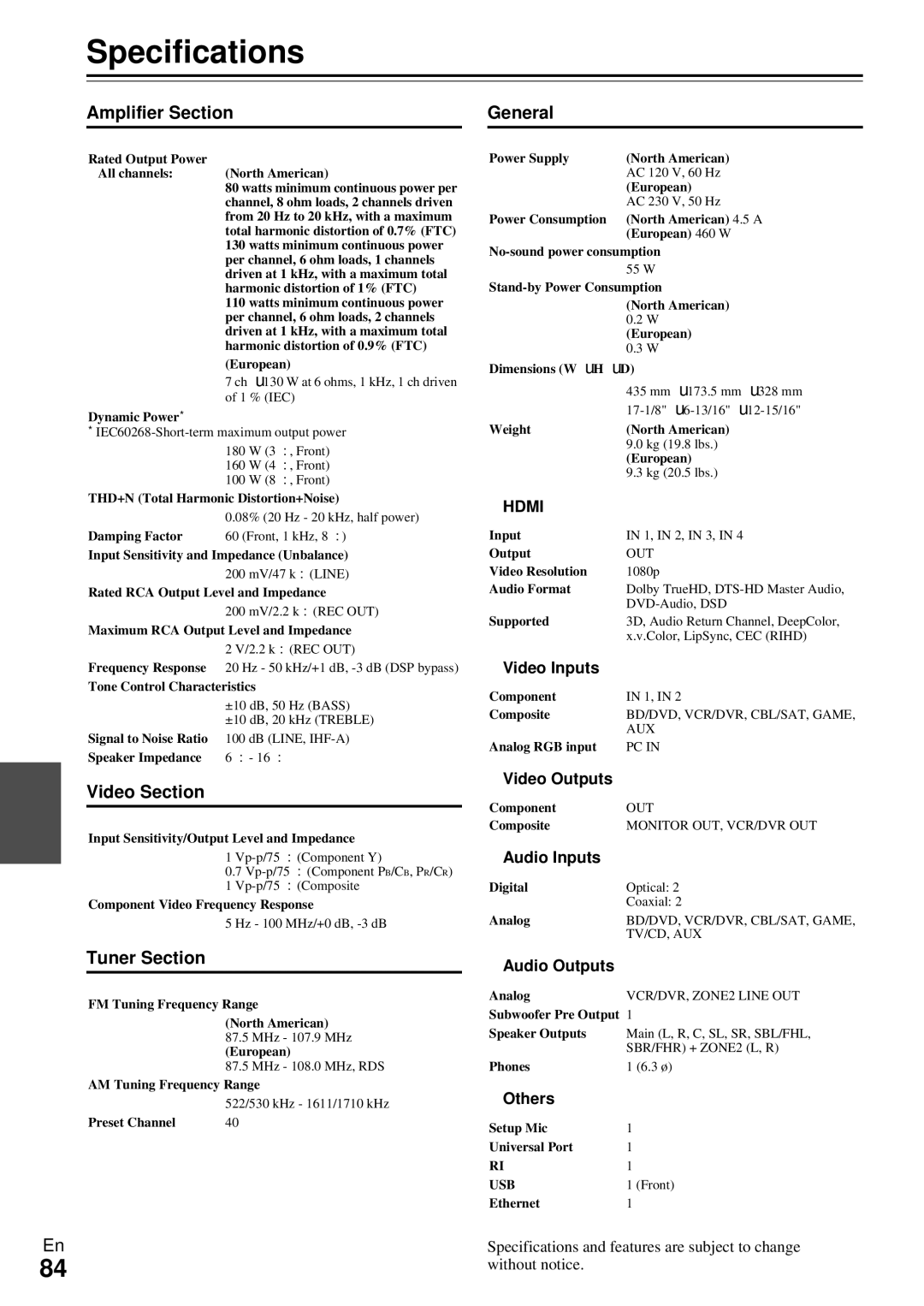 Onkyo HT-R990 instruction manual Specifications, Amplifier Section, Video Section, Tuner Section, General 