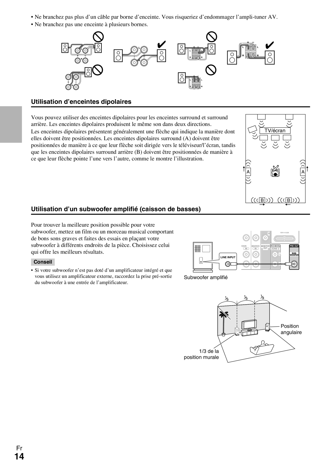 Onkyo HT-R990 instruction manual Utilisation d’enceintes dipolaires, Utilisation d’un subwoofer amplifié caisson de basses 