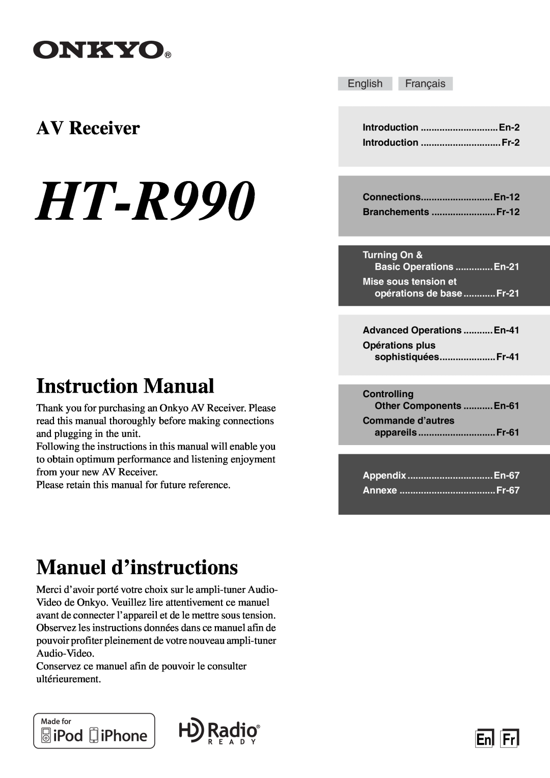 Onkyo HT-R990 instruction manual Instruction Manual, Manuel d’instructions, AV Receiver, EnFr 