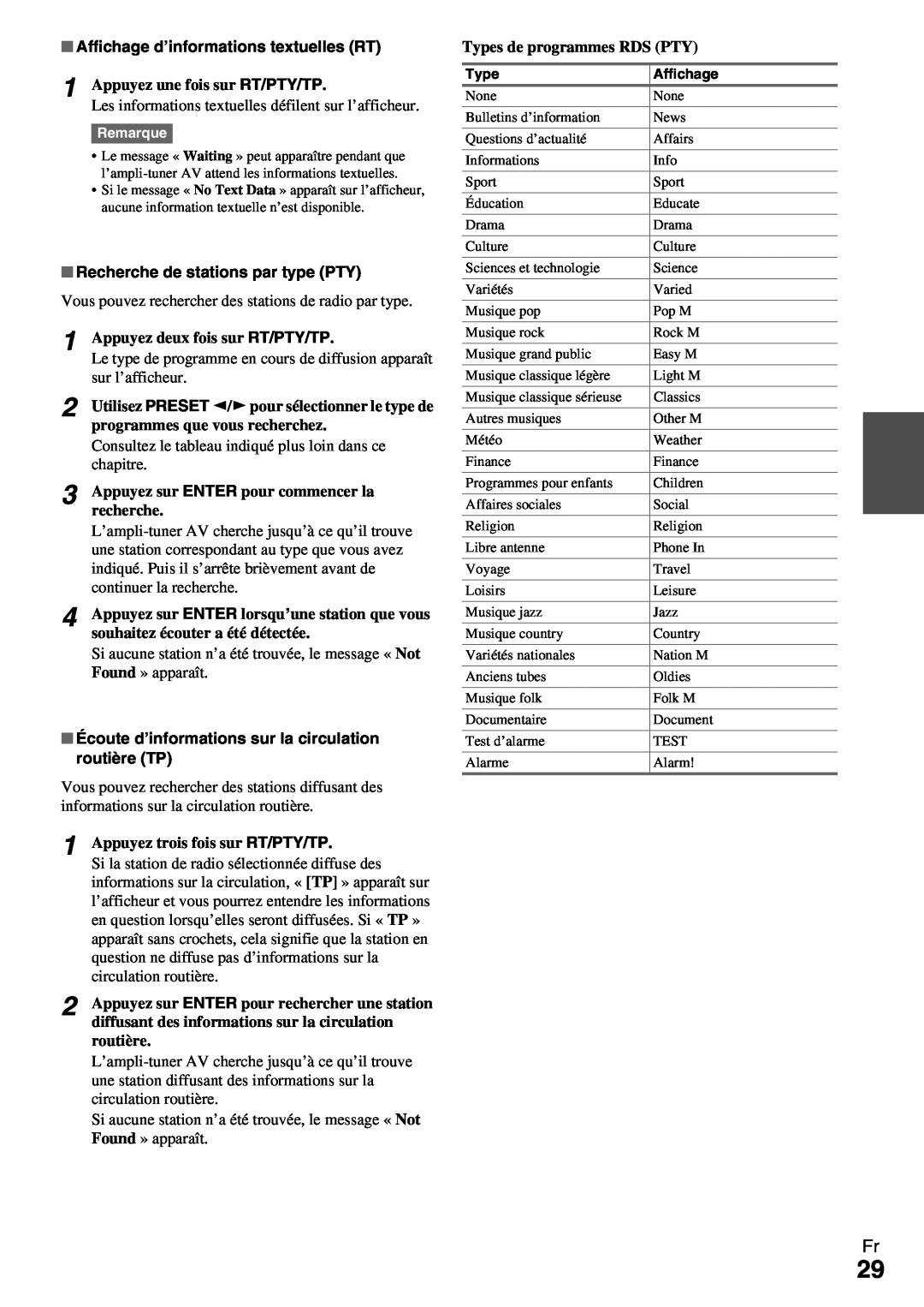 Onkyo HT-R990 instruction manual Affichage d’informations textuelles RT, Recherche de stations par type PTY 