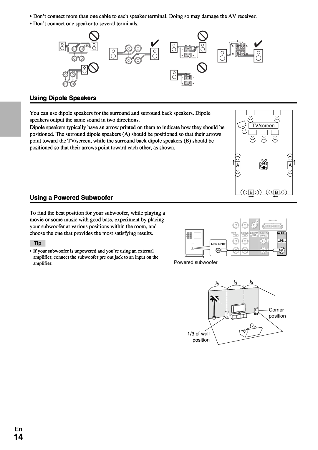 Onkyo HT-R990 instruction manual Using Dipole Speakers, Using a Powered Subwoofer 