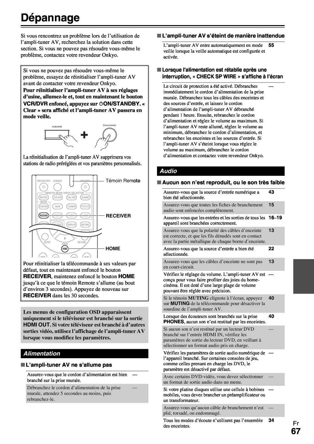 Onkyo HT-R990 instruction manual Dépannage, Alimentation, Audio, L’ampli-tunerAV ne s’allume pas 