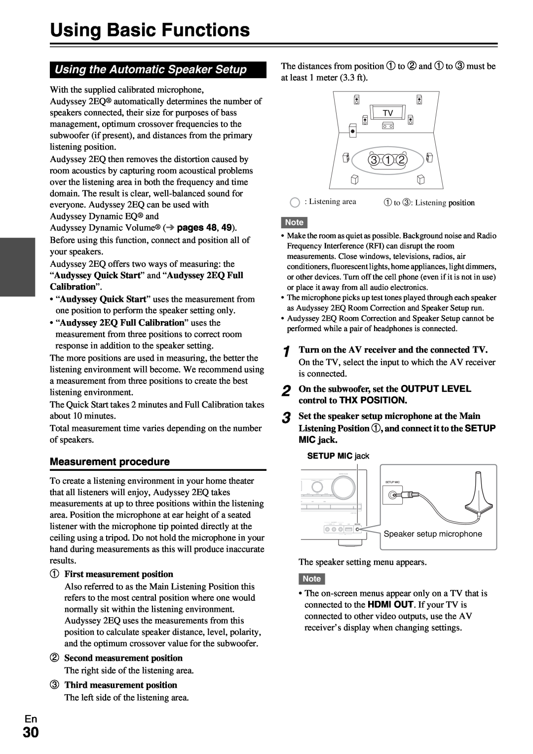 Onkyo HT-R990 instruction manual Using Basic Functions, Using the Automatic Speaker Setup, Measurement procedure 