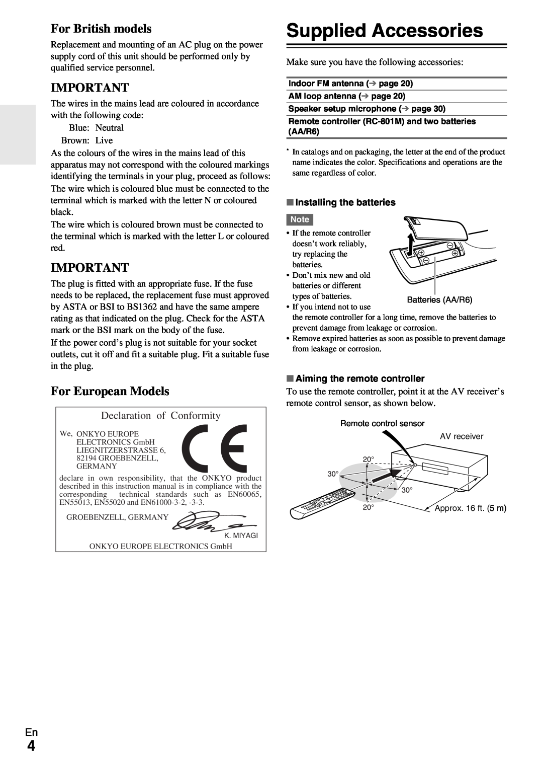 Onkyo HT-R990 instruction manual Supplied Accessories, For British models, For European Models, Declaration of Conformity 