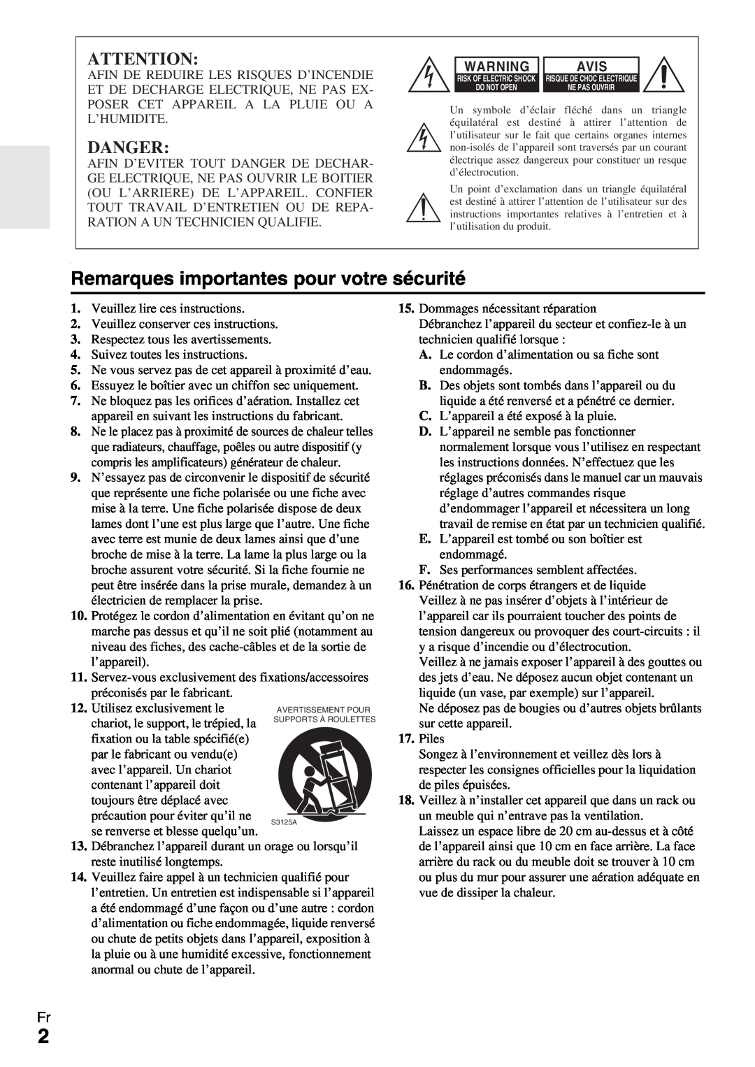 Onkyo HT-R990 instruction manual Remarques importantes pour votre sécurité, Danger, Avis 