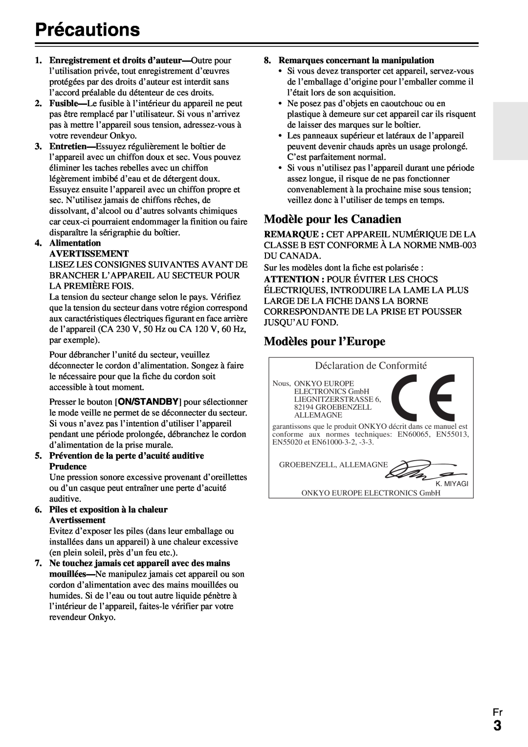 Onkyo HT-R990 instruction manual Précautions, Modèles pour l’Europe, Déclaration de Conformité, Modèle pour les Canadien 
