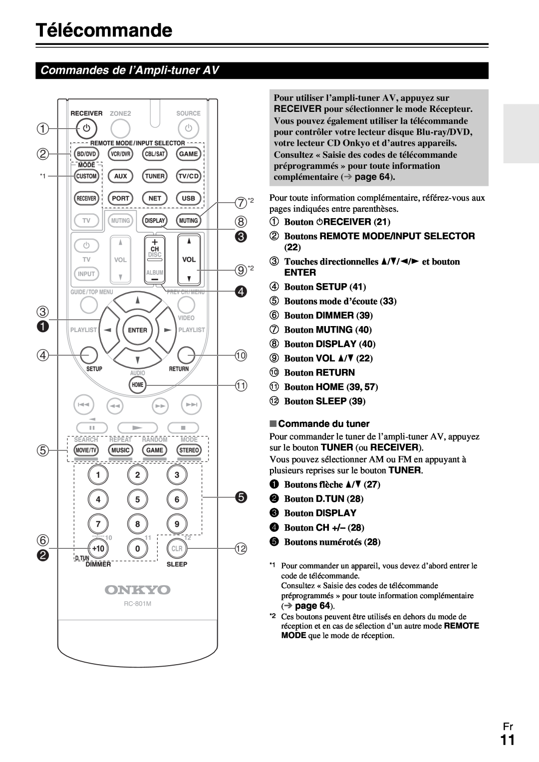 Onkyo HT-R990 Télécommande, c a d, Commandes de l’Ampli-tunerAV, ha Bouton 8RECEIVER, i*2 ENTER, hBouton DISPLAY, page 