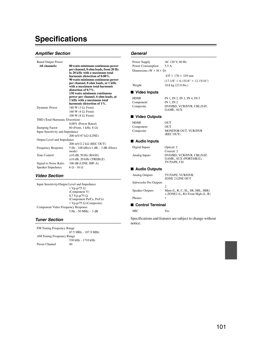 Onkyo HT-RC160 instruction manual Specifications, Amplifier Section, Video Section, Tuner Section, General 