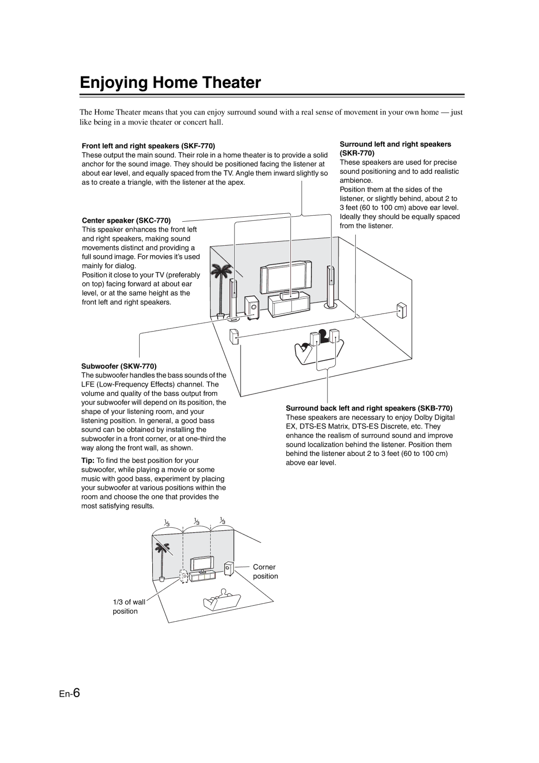 Onkyo HT-RC160 instruction manual Enjoying Home Theater, Front left and right speakers SKF-770, Center speaker SKC-770 