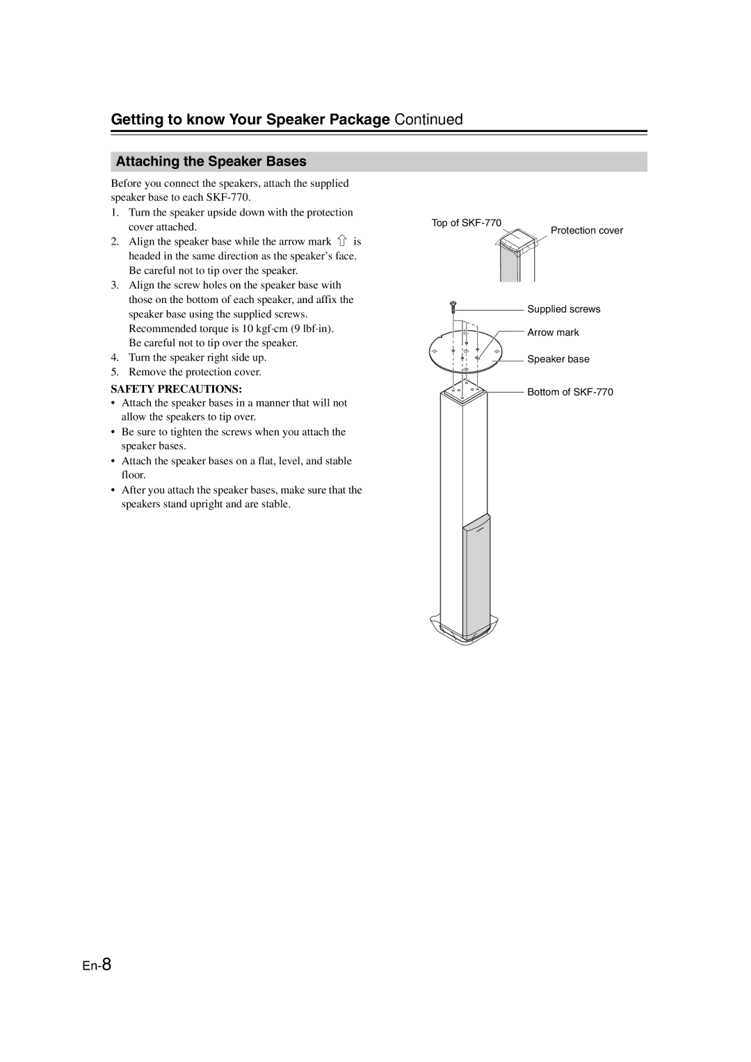 Onkyo HT-RC160 instruction manual Getting to know Your Speaker Package, Attaching the Speaker Bases 