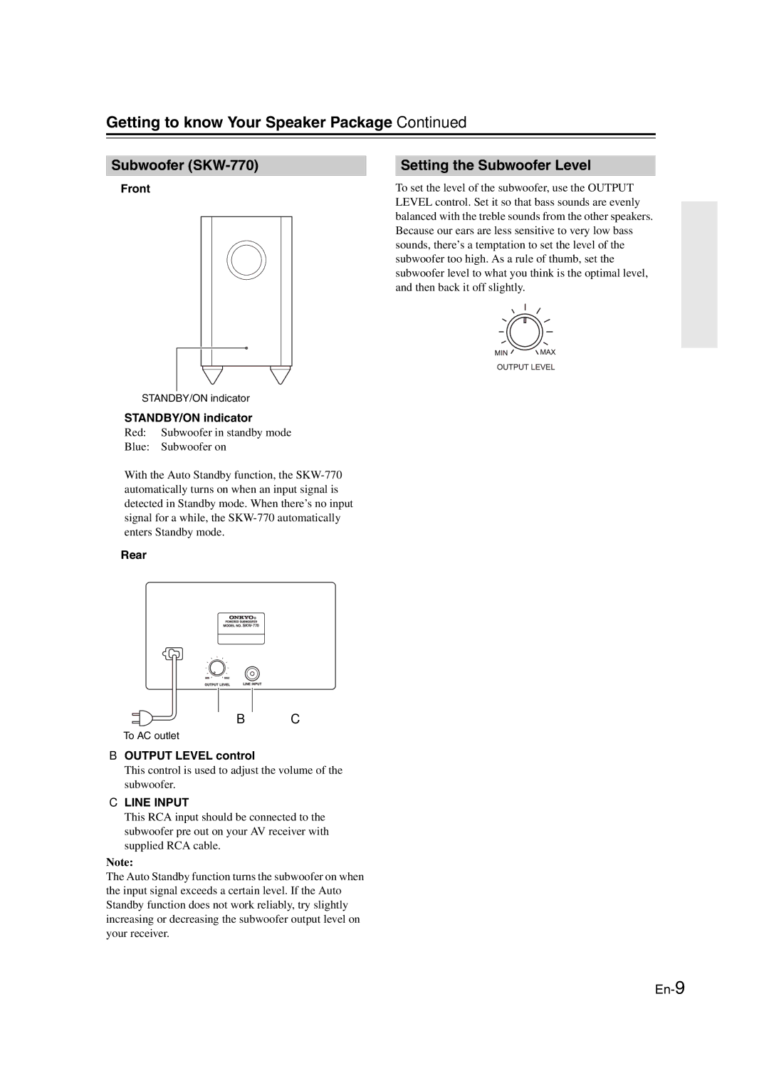 Onkyo HT-RC160 instruction manual Subwoofer SKW-770, Setting the Subwoofer Level 