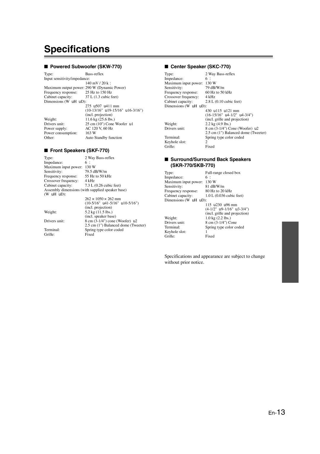 Onkyo HT-RC160 instruction manual Powered Subwoofer SKW-770, Front Speakers SKF-770, Center Speaker SKC-770 