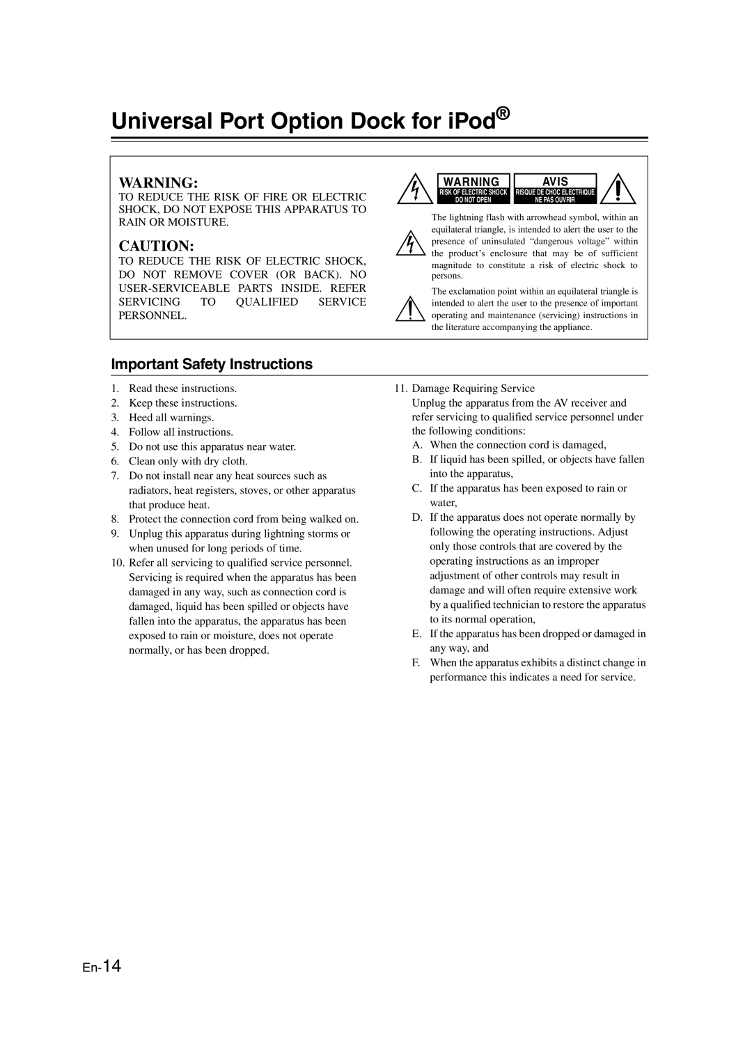 Onkyo HT-RC160 instruction manual Universal Port Option Dock for iPod, Important Safety Instructions 