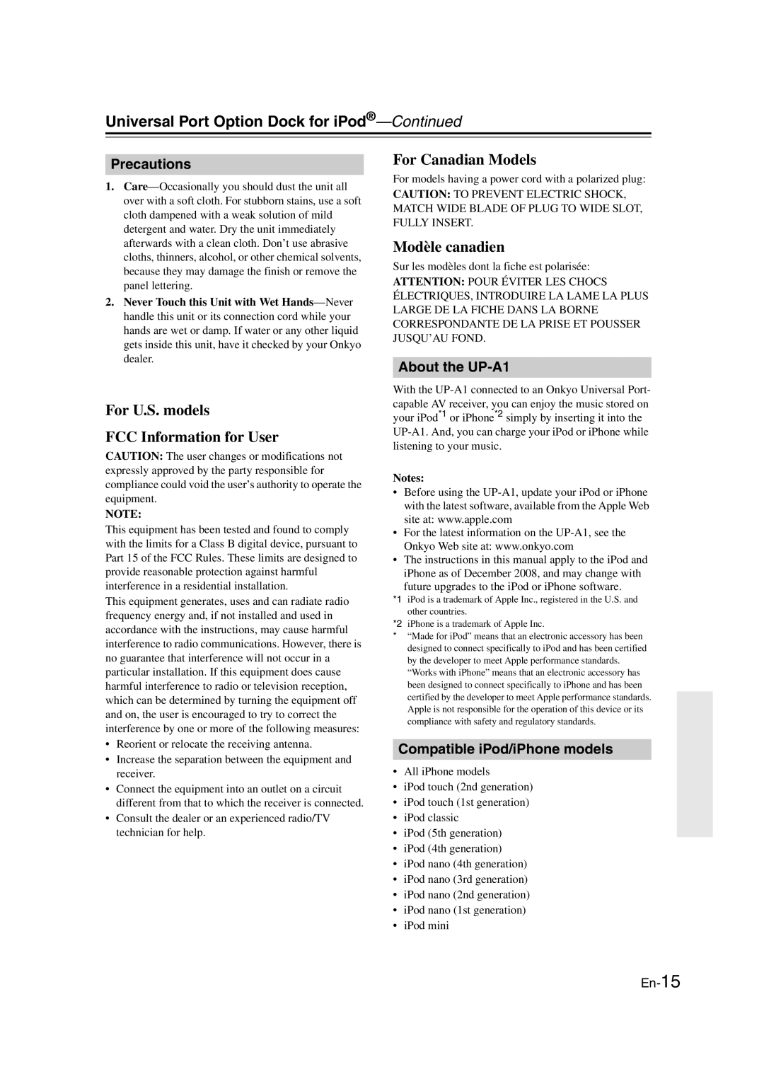 Onkyo HT-RC160 instruction manual Precautions, About the UP-A1, Compatible iPod/iPhone models 