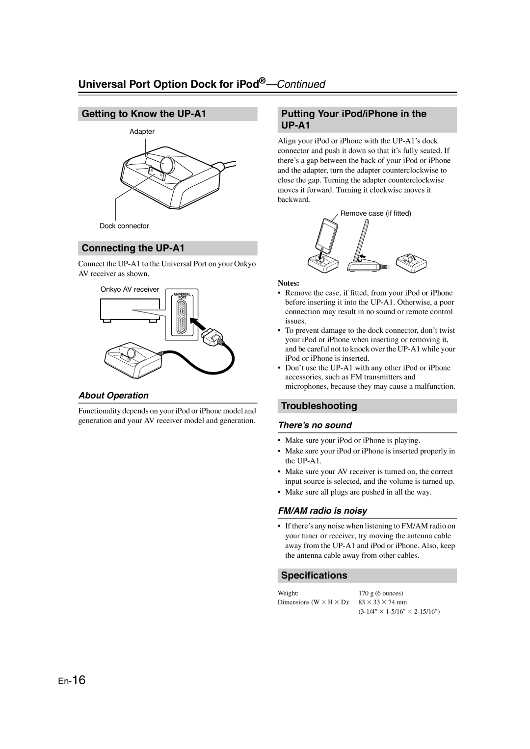 Onkyo HT-RC160 Getting to Know the UP-A1, Connecting the UP-A1, Putting Your iPod/iPhone in the UP-A1, Troubleshooting 