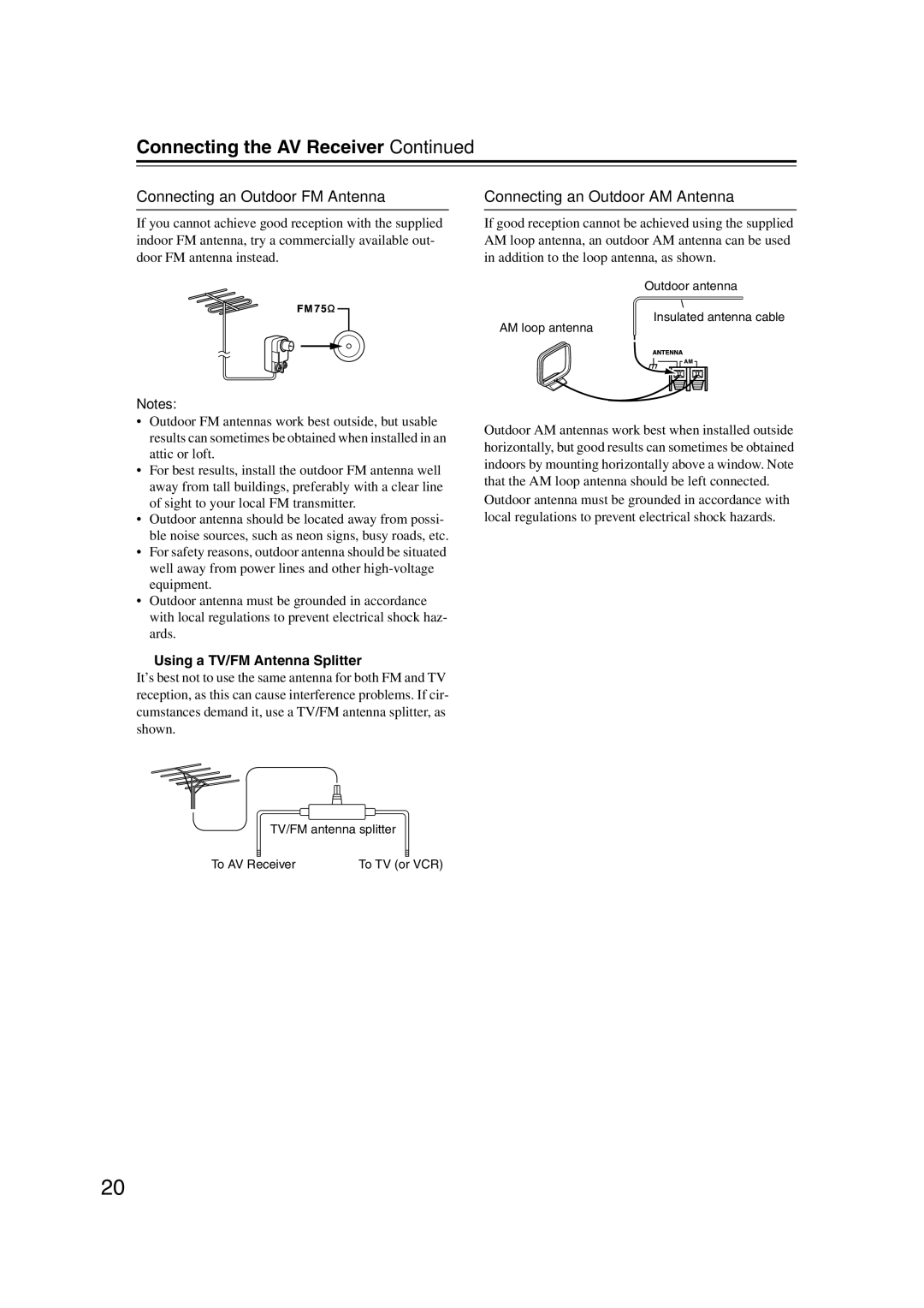 Onkyo HT-RC160 Connecting an Outdoor FM Antenna, Connecting an Outdoor AM Antenna, Using a TV/FM Antenna Splitter 