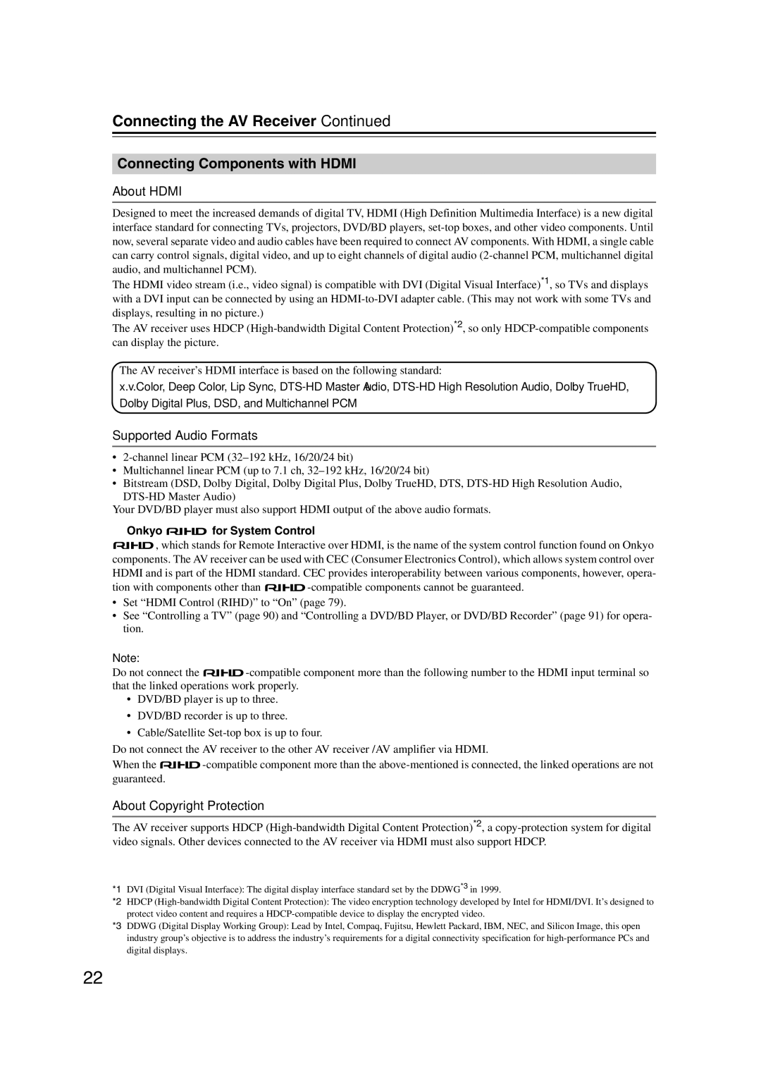 Onkyo HT-RC160 Connecting Components with Hdmi, About Hdmi, Supported Audio Formats, About Copyright Protection 
