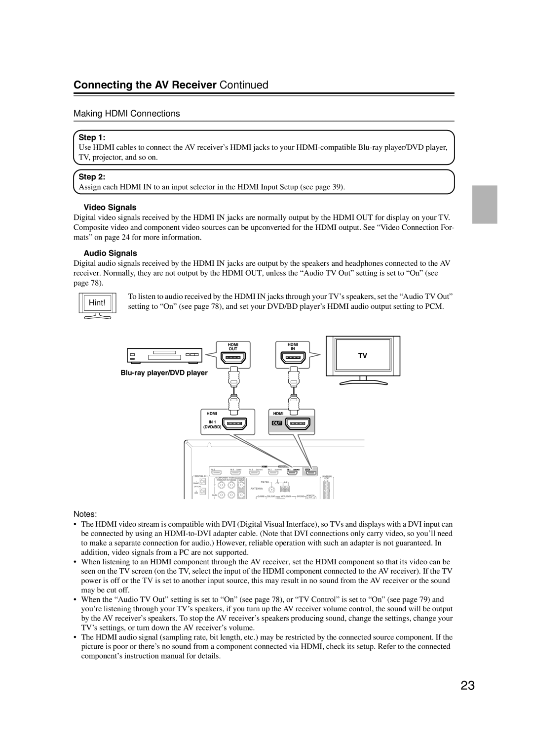 Onkyo HT-RC160 instruction manual Making Hdmi Connections, Step, Video Signals, Audio Signals, Hint 