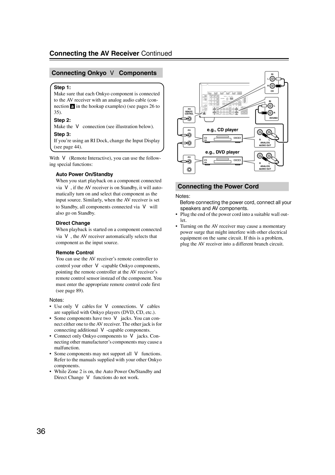 Onkyo HT-RC160 Connecting Onkyo u Components, Connecting the Power Cord, Make the uconnection see illustration below 