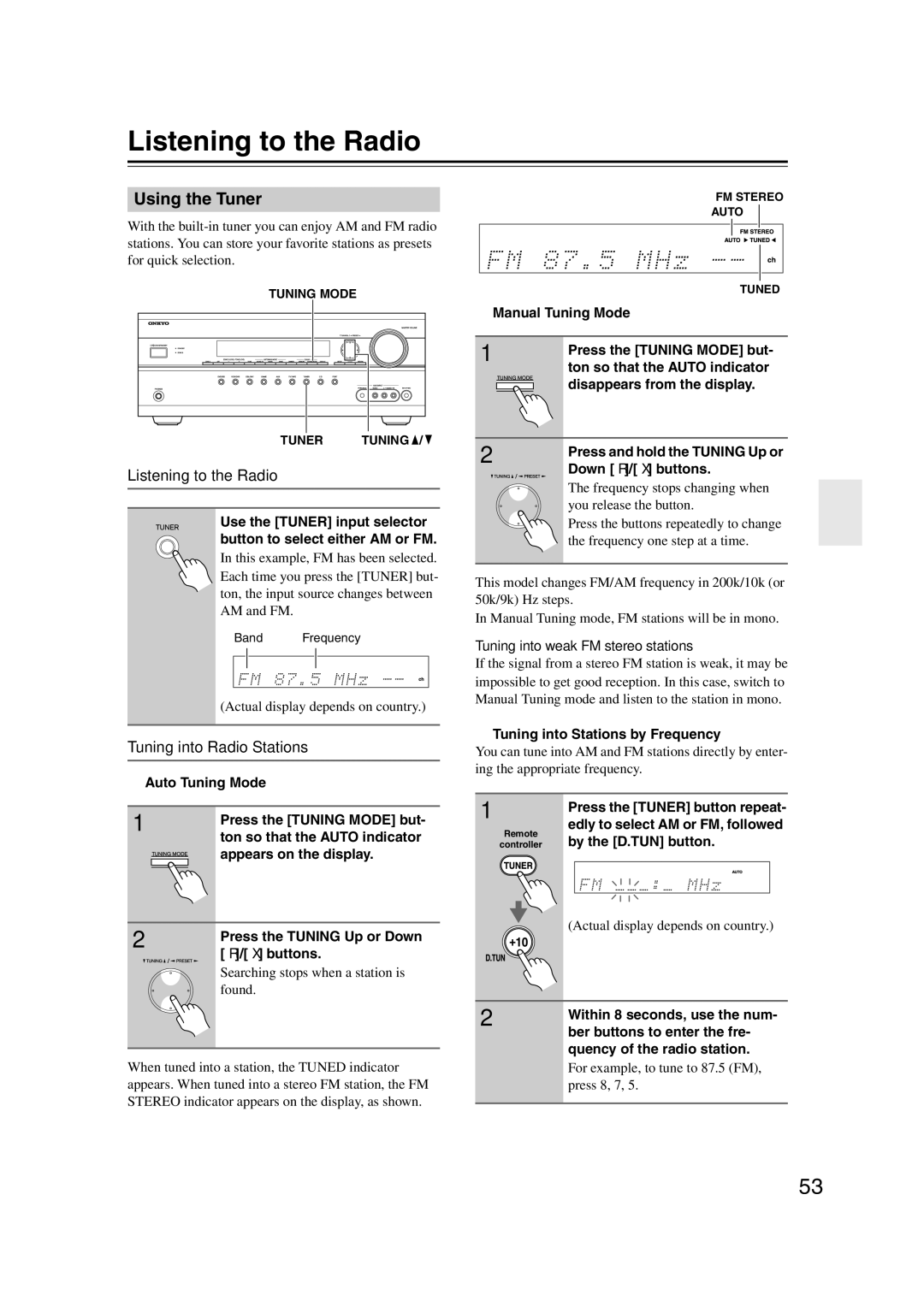 Onkyo HT-RC160 instruction manual Listening to the Radio, Using the Tuner, Tuning into Radio Stations 