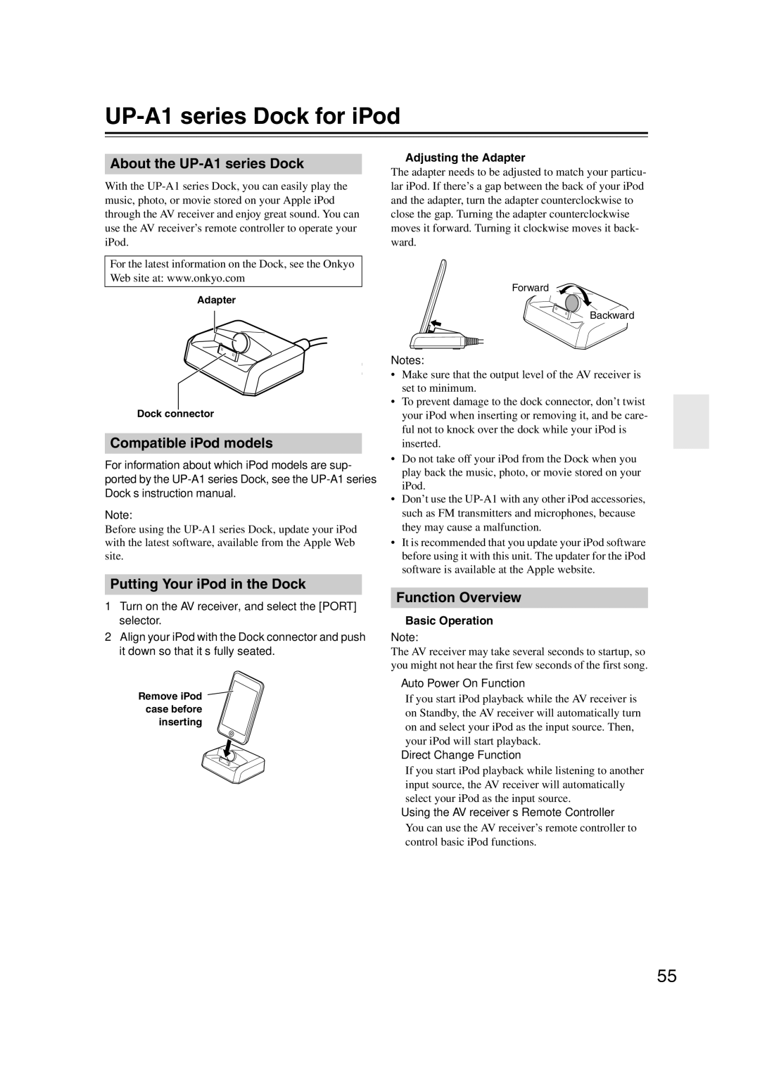 Onkyo HT-RC160 UP-A1 series Dock for iPod, About the UP-A1 series Dock, Compatible iPod models, Function Overview 