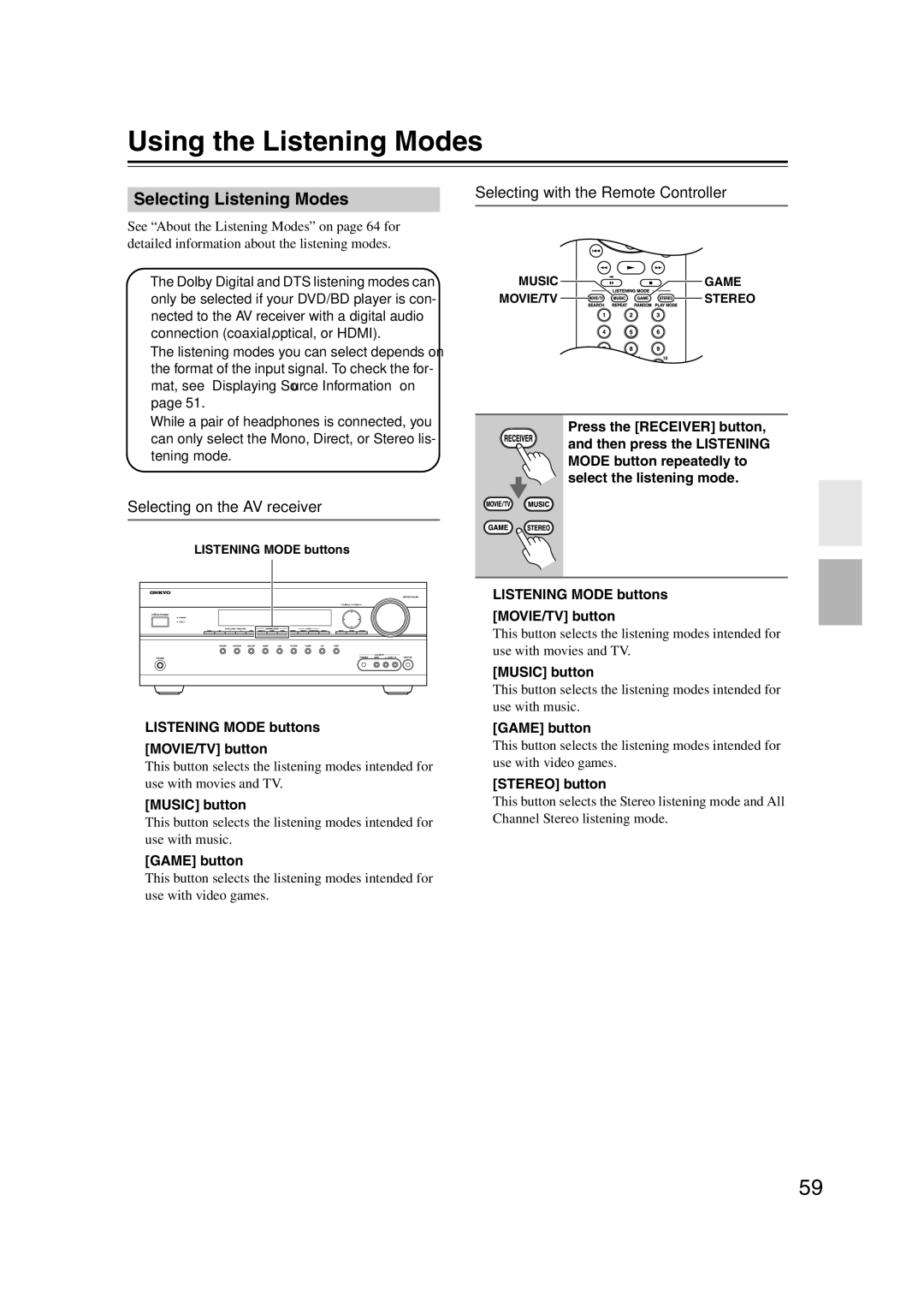 Onkyo HT-RC160 instruction manual Using the Listening Modes, Selecting Listening Modes, Selecting on the AV receiver 