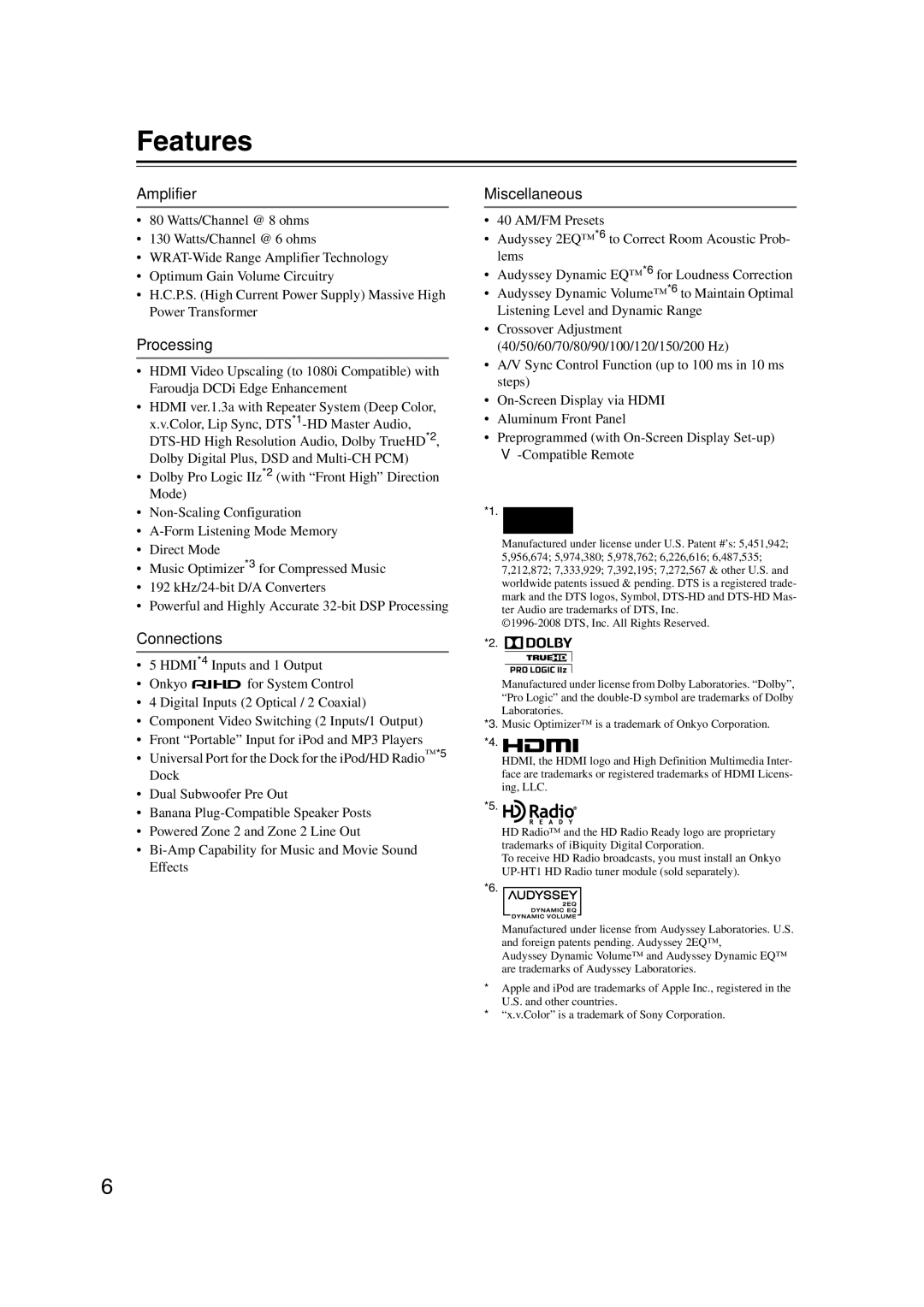 Onkyo HT-RC160 instruction manual Features, Amplifier, Processing, Connections, Miscellaneous 