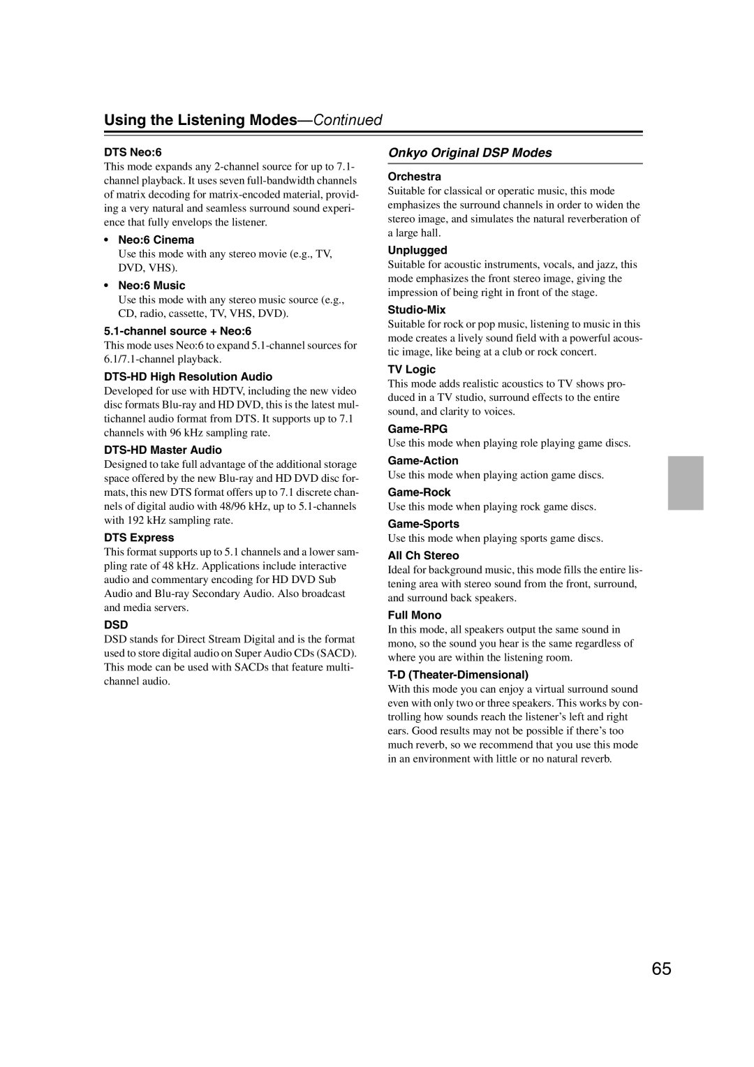 Onkyo HT-RC160 instruction manual Onkyo Original DSP Modes 