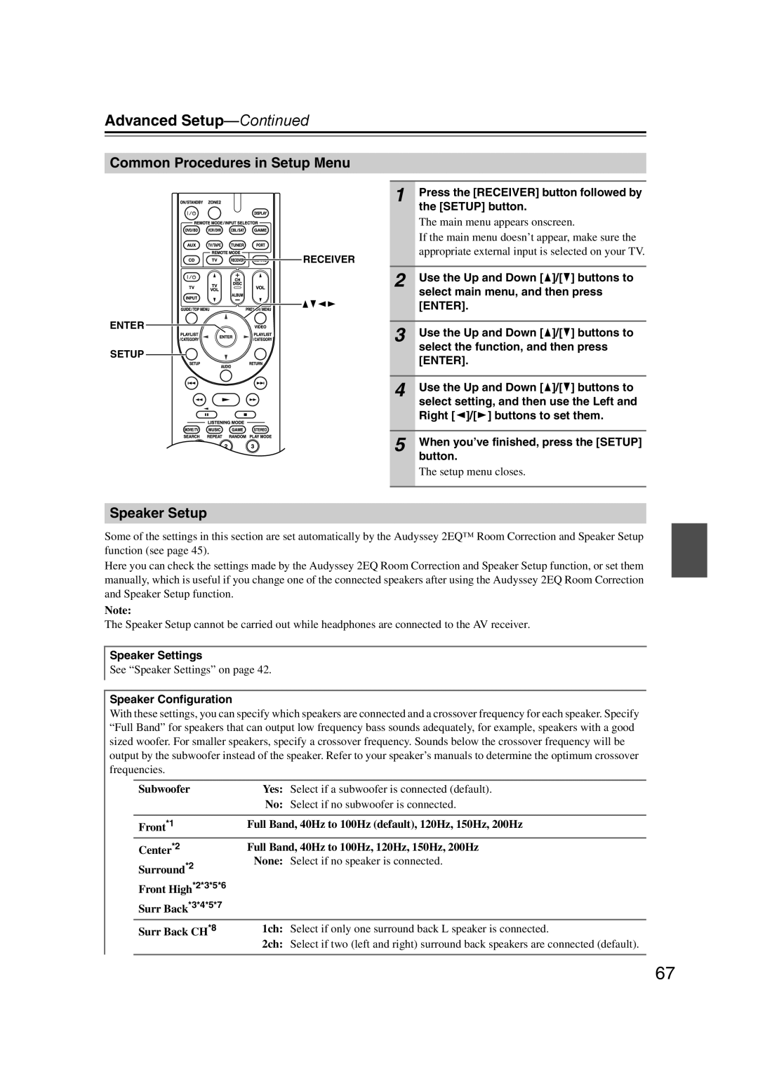 Onkyo HT-RC160 instruction manual Advanced Setup, Common Procedures in Setup Menu, Speaker Setup 