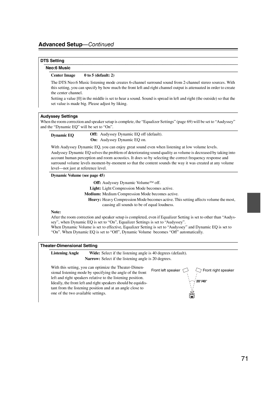 Onkyo HT-RC160 instruction manual DTS Setting Neo6 Music, Audyssey Settings, Theater-Dimensional Setting 