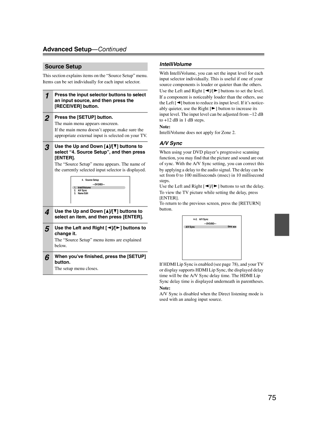 Onkyo HT-RC160 instruction manual Source Setup, IntelliVolume, Sync 