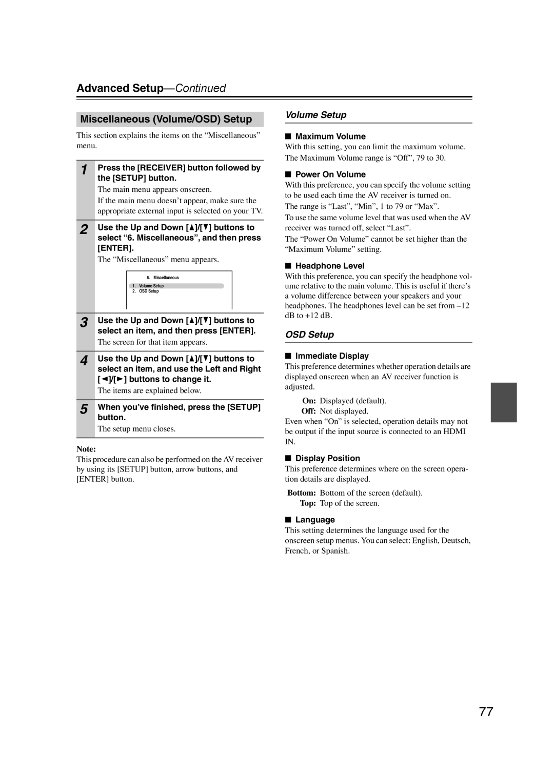 Onkyo HT-RC160 instruction manual Miscellaneous Volume/OSD Setup, Volume Setup 