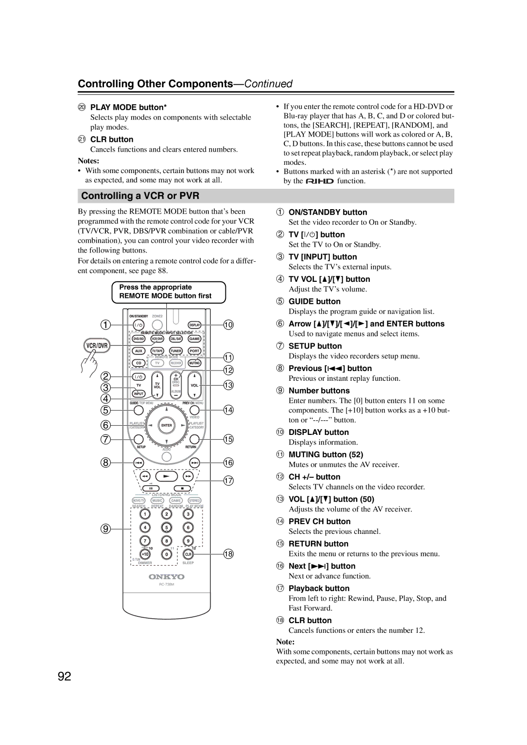 Onkyo HT-RC160 instruction manual Controlling a VCR or PVR, Play Mode button, Playback button 