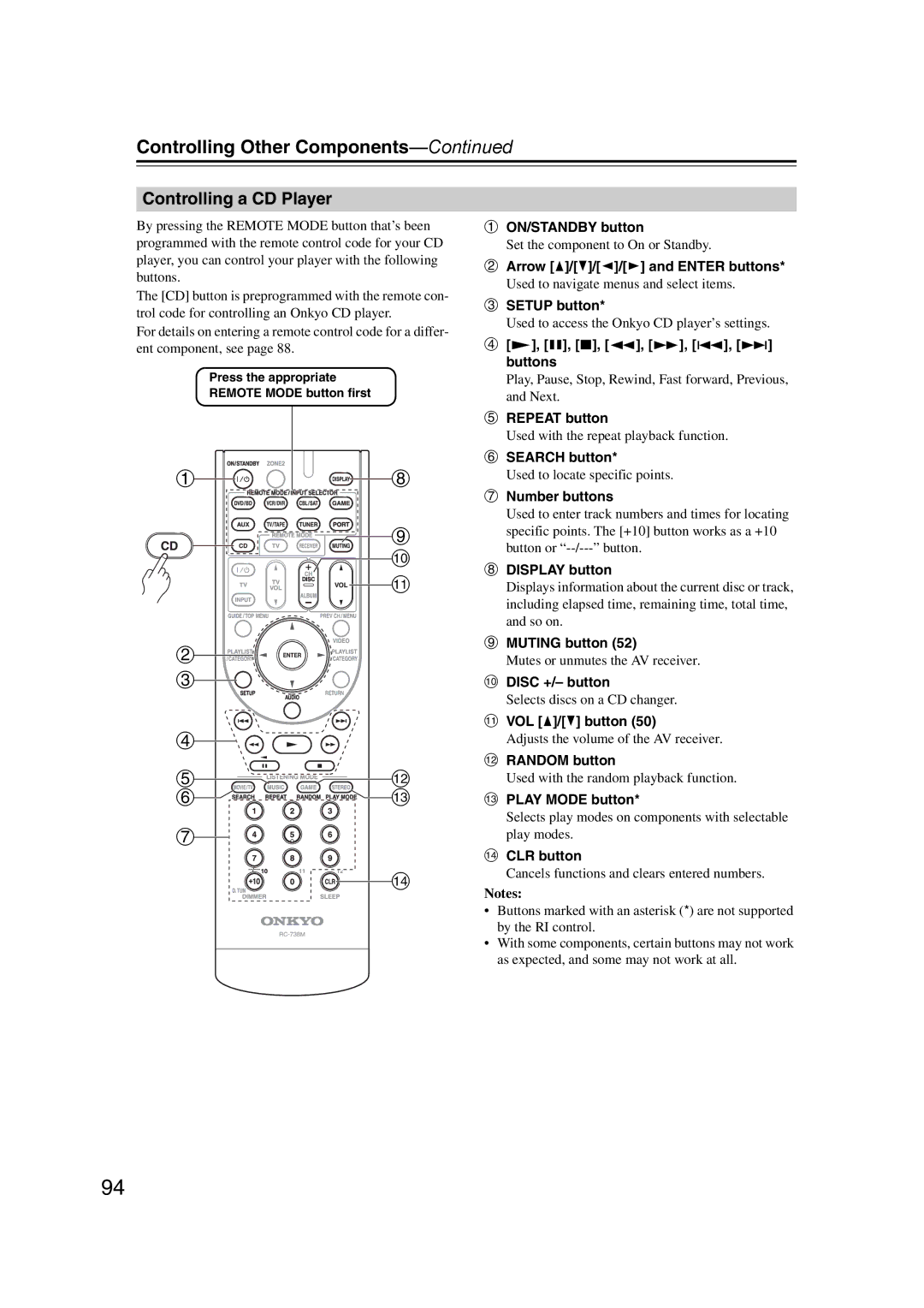 Onkyo HT-RC160 instruction manual Controlling a CD Player, Disc +/- button 