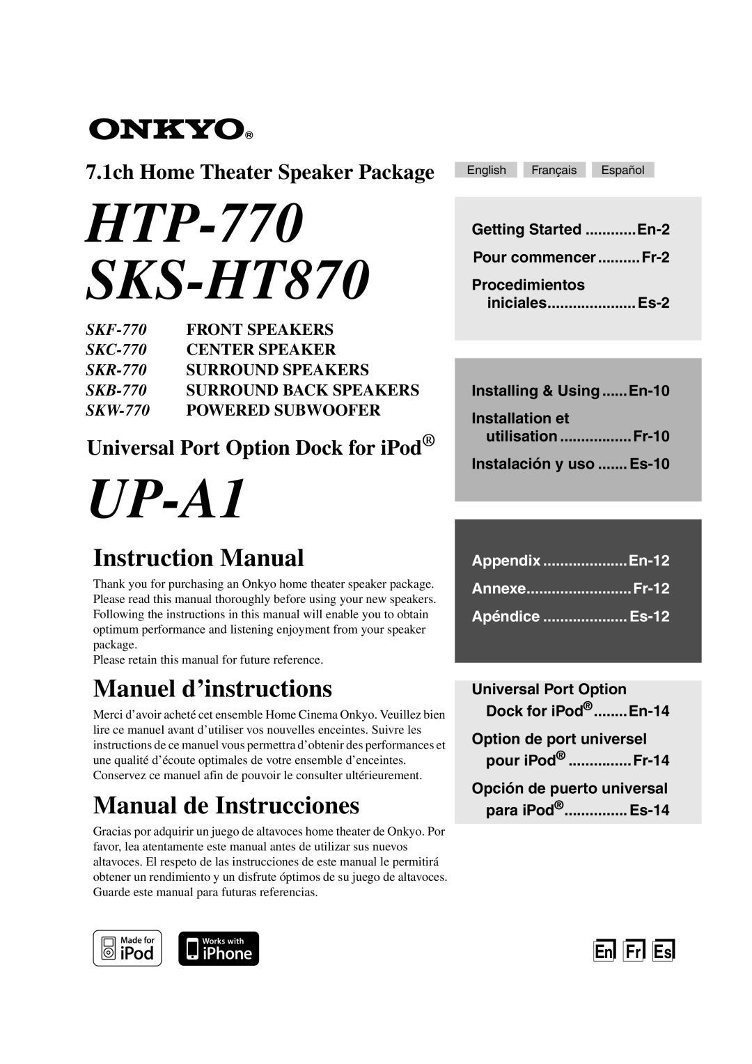 Onkyo HT-RC160 Manuel d’instructions, Manual de Instrucciones, EnFr Es, HTP-770 SKS-HT870, UP-A1, Instruction Manual 