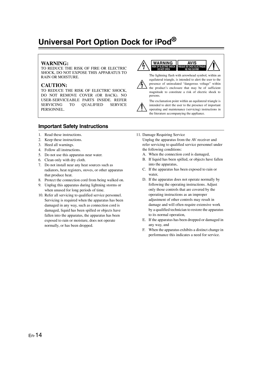 Onkyo HT-RC160 instruction manual Universal Port Option Dock for iPod, Avis, En-14 