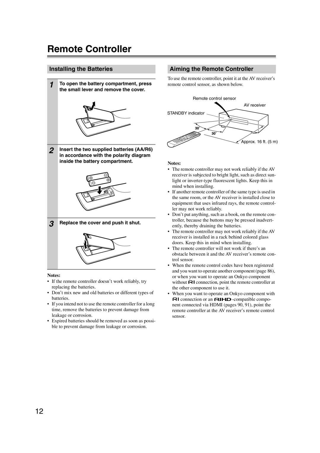 Onkyo HT-RC160 instruction manual Installing the Batteries, Aiming the Remote Controller, Notes 