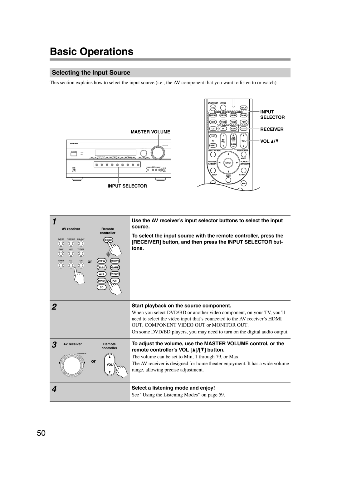 Onkyo HT-RC160 instruction manual Basic Operations, Selecting the Input Source 