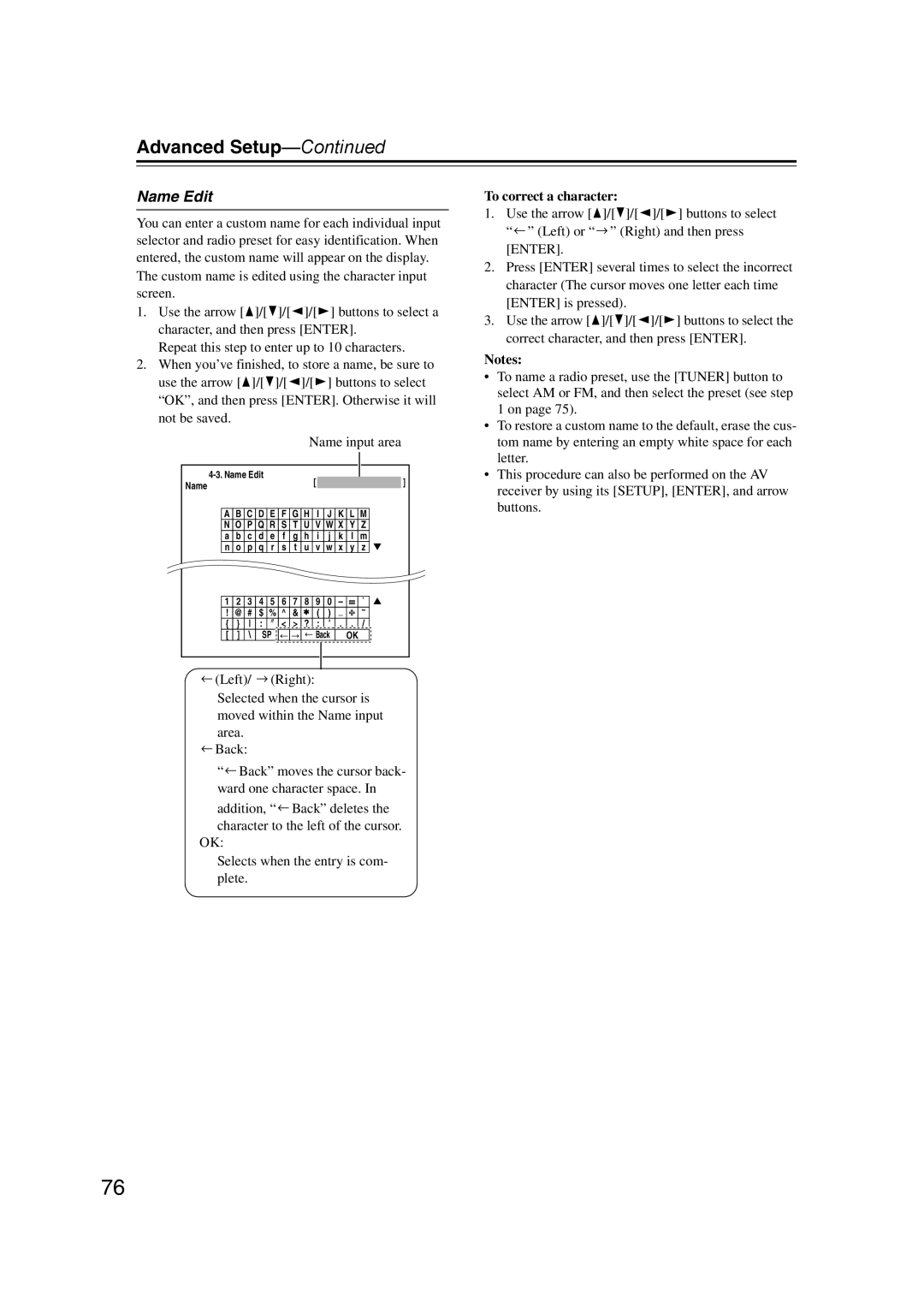 Onkyo HT-RC160 instruction manual Name Edit, To correct a character 