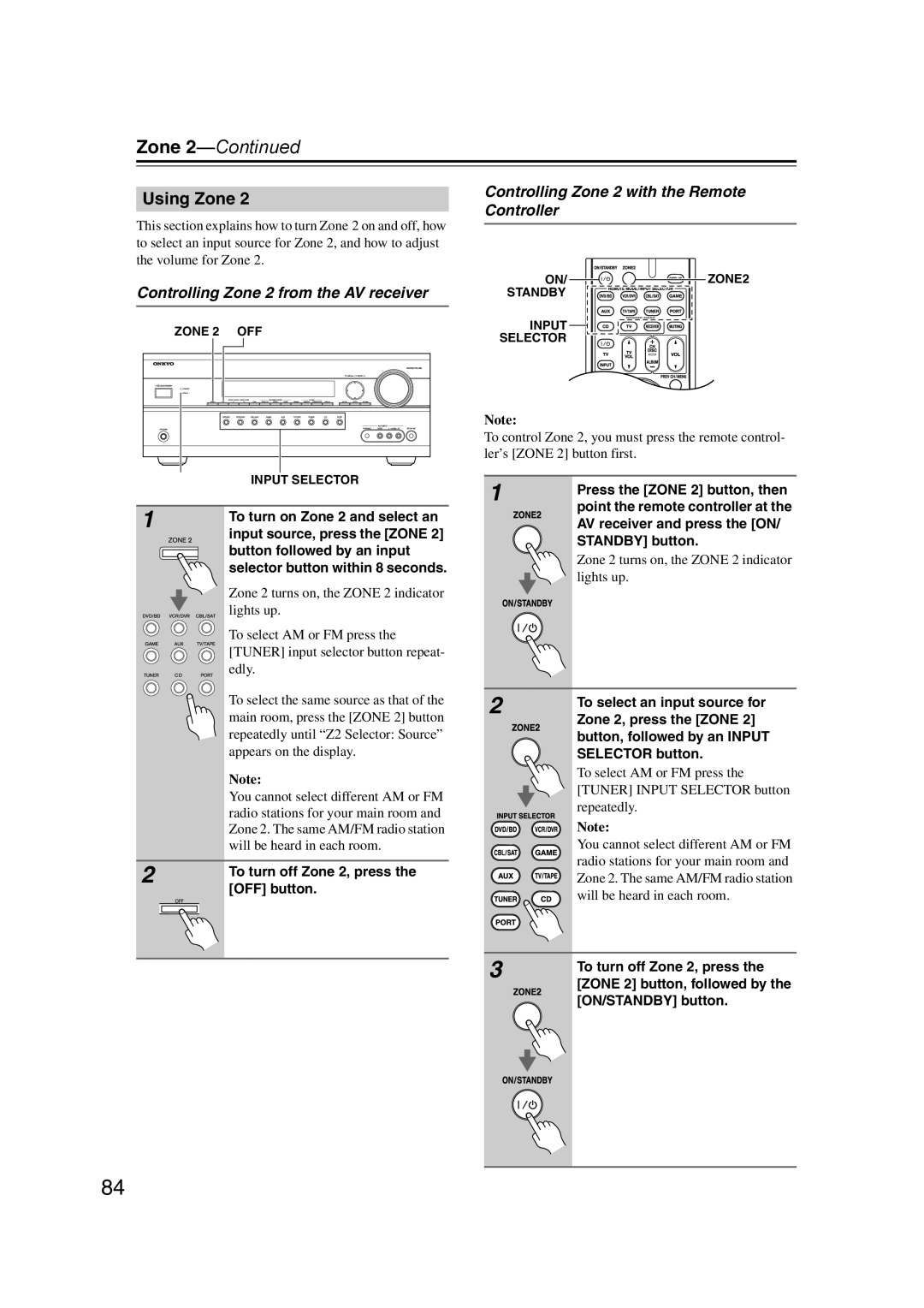 Onkyo HT-RC160 instruction manual Zone 2-Continued, Using Zone, Controlling Zone 2 from the AV receiver, lights up 