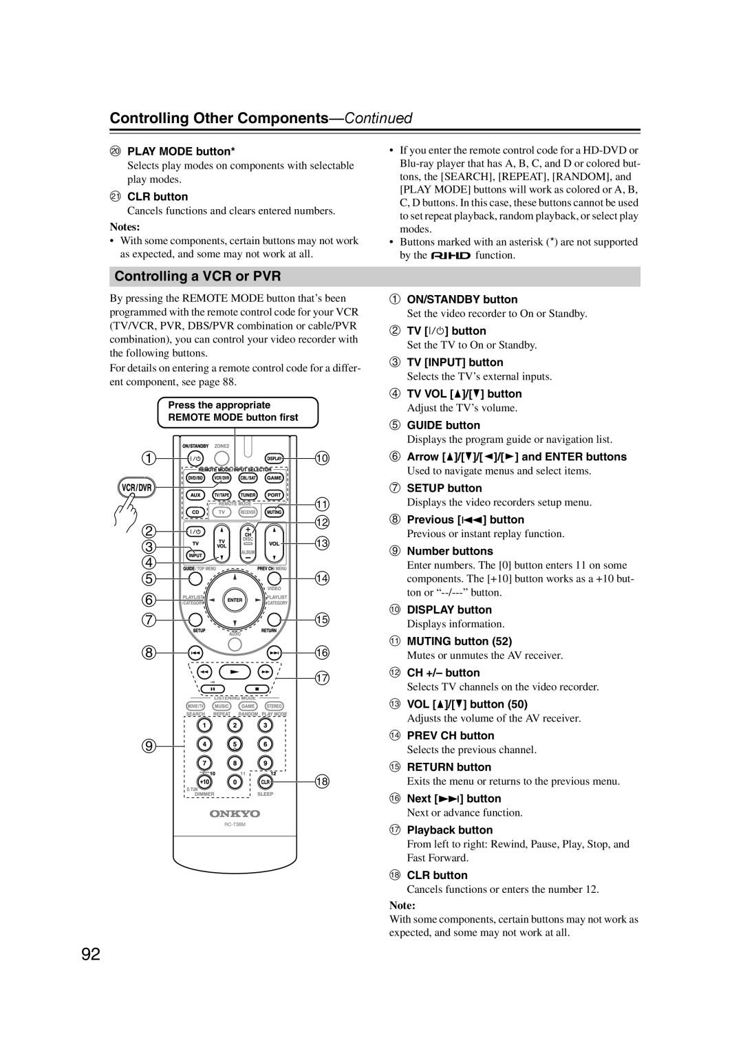Onkyo HT-RC160 instruction manual Controlling a VCR or PVR 